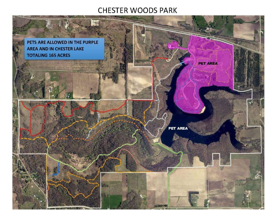 Outline of where pets are allowed on leash at Chester Woods Park