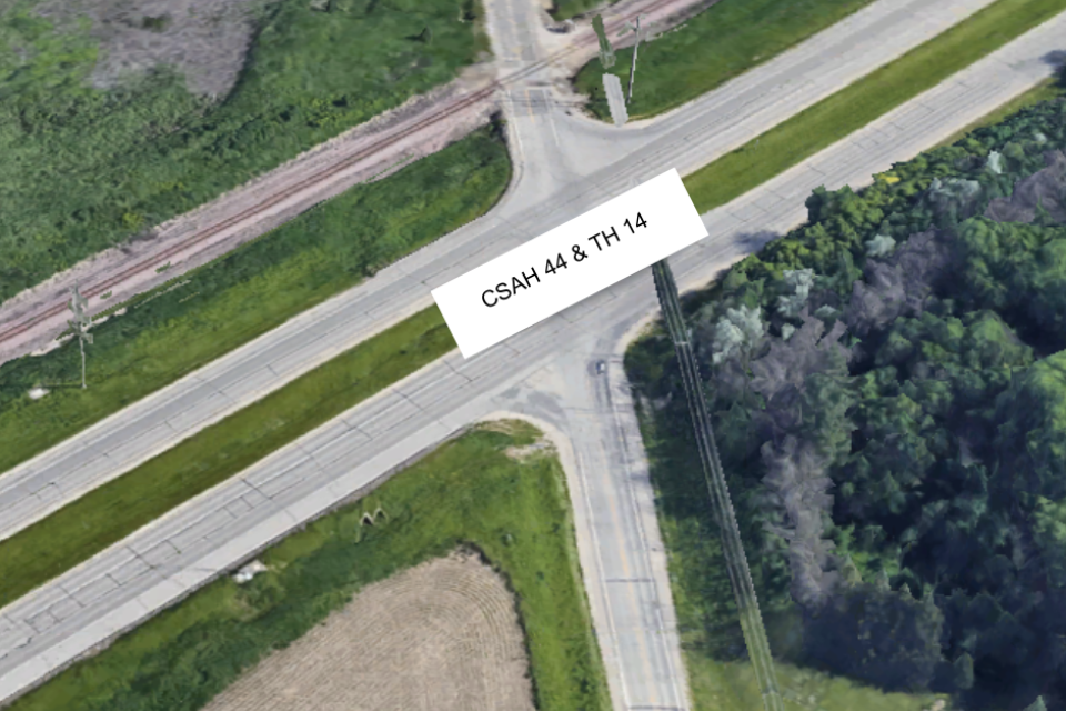 An aerial image of CSAH 44 and TH 14