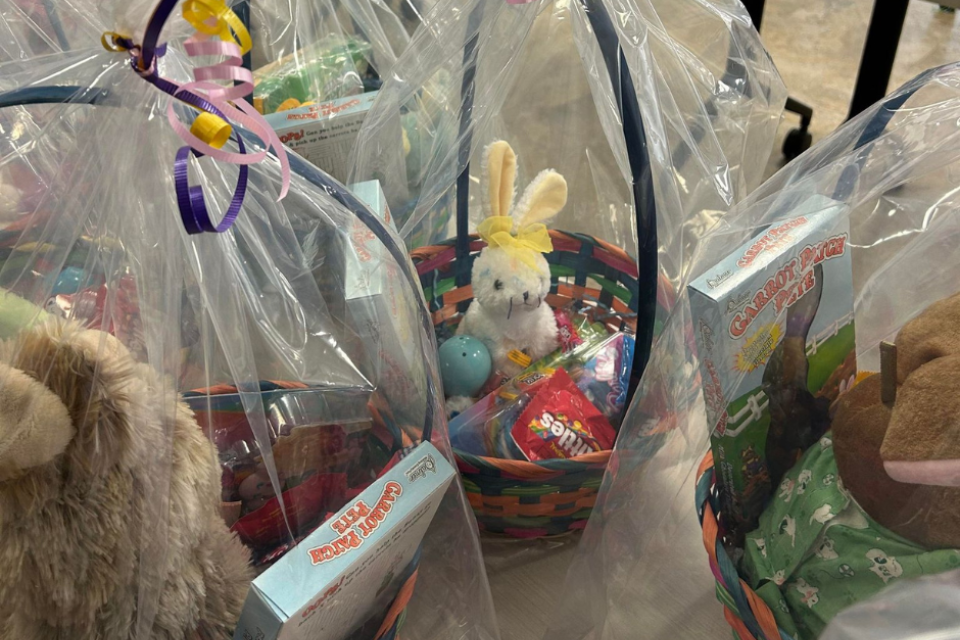 Easter baskets filled with toys and candy.