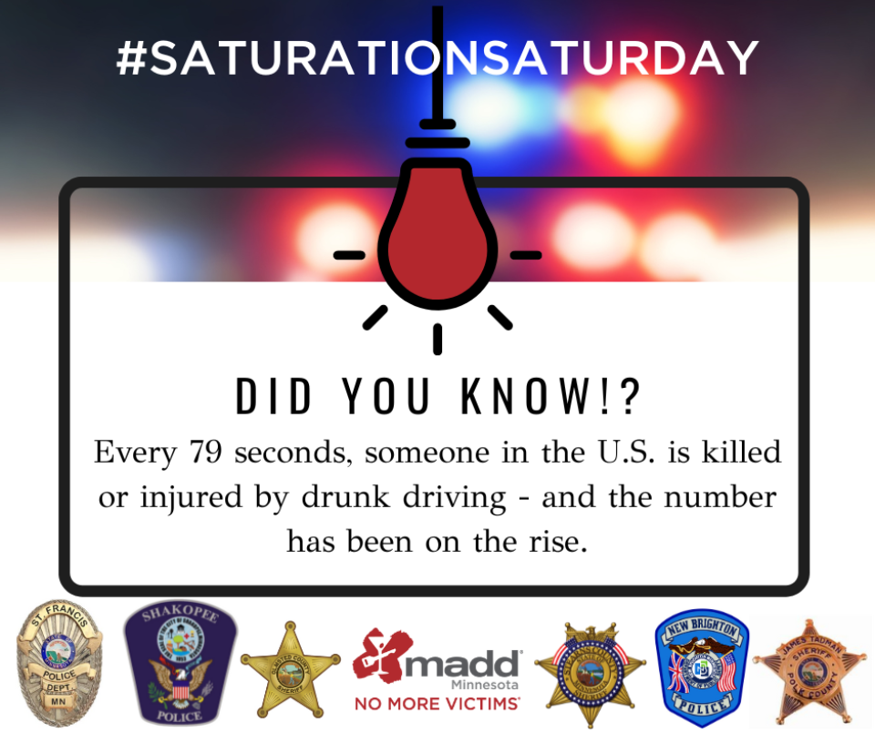 Graphic that reads: #SaturationSaturday - Every 79 seconds, someone in this country is killed or injured by drunk driving, and the number has been on the rise.