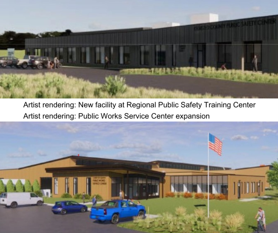 Artist renderings of the new facility at the Regional Public Safety Training Center and the expansion of the Public Works Service Center
